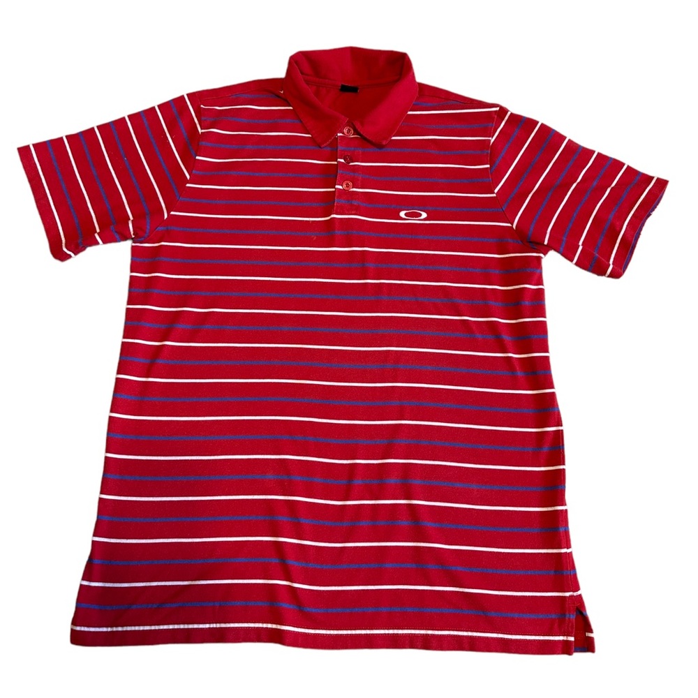 Oakley Red and White Striped Short Sleeve Polo Size  M